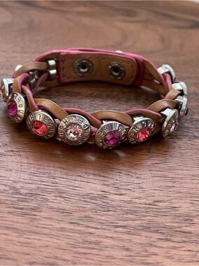 HENRI BENDEL Brown Braided Leather Bracelet W/Silver Tone Multi Color Bezels